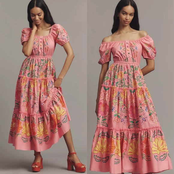 NEW Farm Rio x Anthropologie Tiered Puff-Sleeve Midi Dress Medium Petite MP